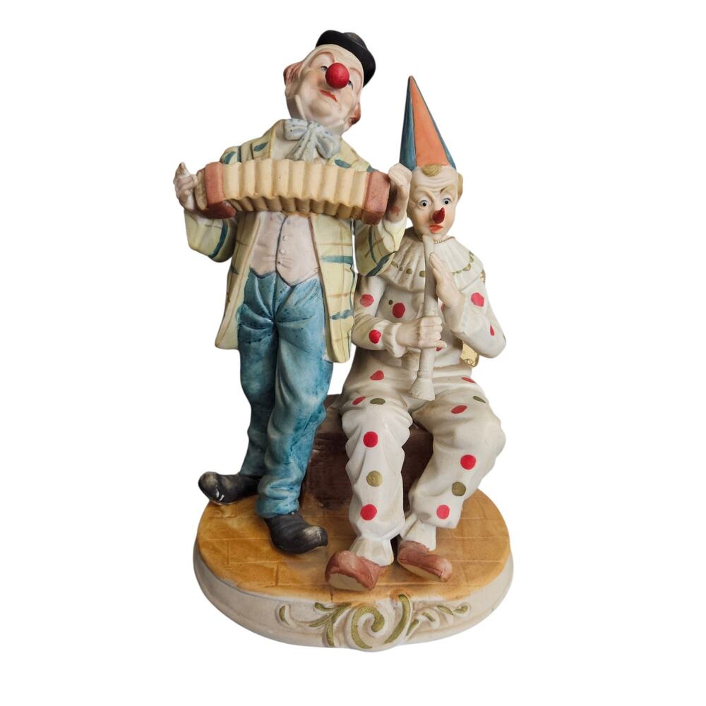 Vintage Arnart Art Sculptures Clown Duo Accordion Flute Figurine Taiwan